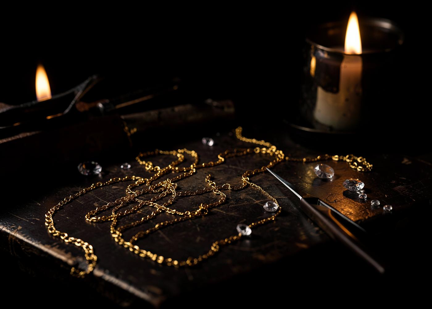 Jeweler's workbench with fine chains and loose stones
