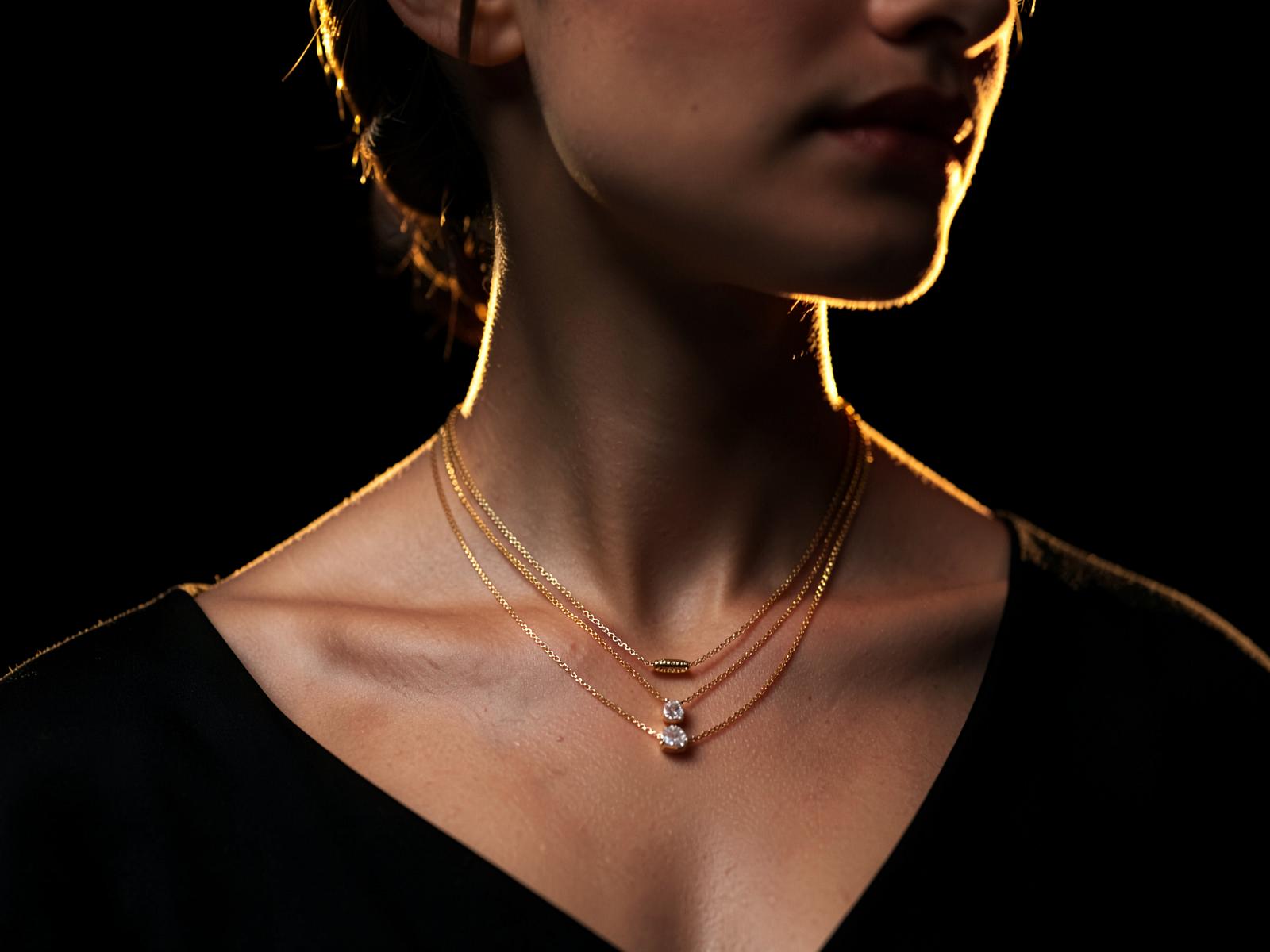 Model wearing fine layered necklaces by Golda Jewelry